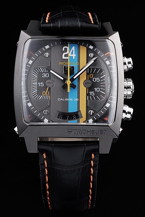 Tag Heuer Monaco Black Leather Strap Blue-Yellow Striped Black Dial