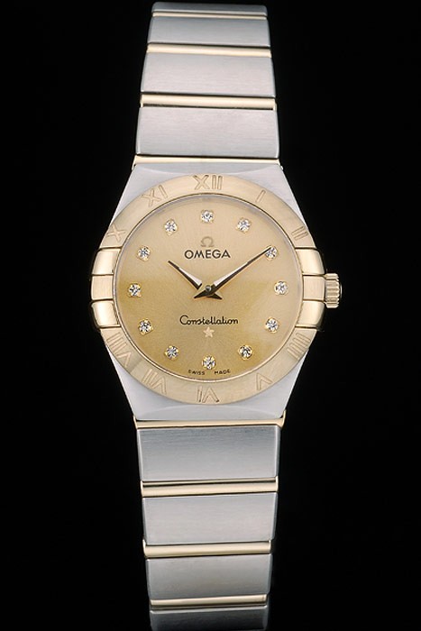 Swiss Lady Omega Constellation Stainless Steel Bracelet Golden Dial 80292