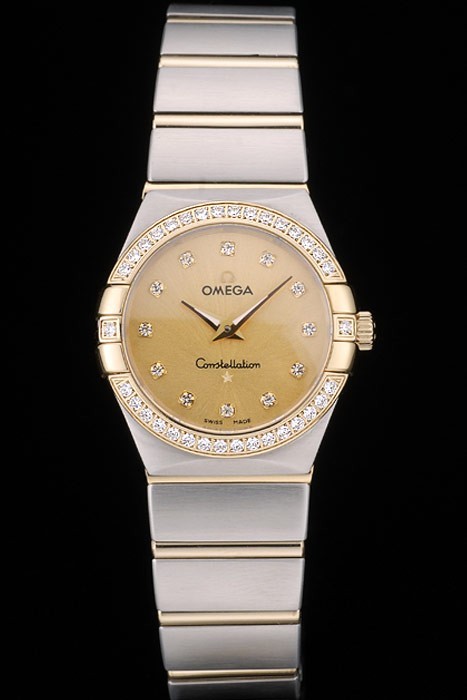 Swiss Lady Omega Constellation Crystal Encrusted Bezel Golden Dial 80293