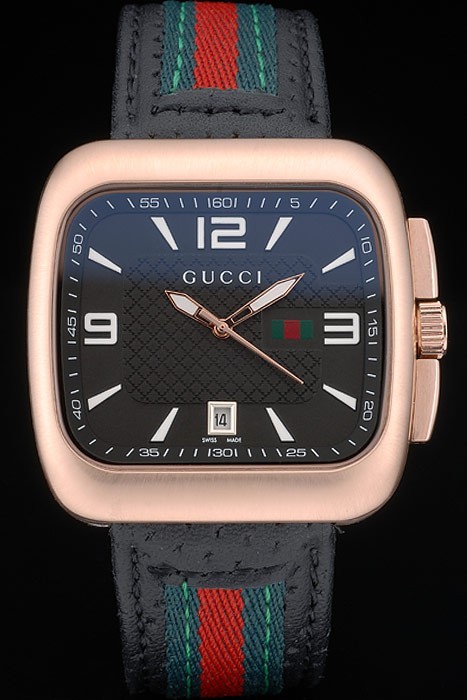 Gucci Black Leather Strap Rose Gold Bezel Black Dial 80222