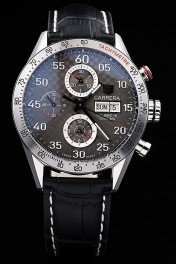 Tag Heuer Swiss Carrera Tachymeter Bezel Black Leather Strap Checkered Brown Dial