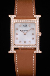 Hermes Heure H Rose Gold Diamond Encrusted Bezel Tan Leather Strap White Dial 80236