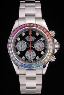 Rolex Daytona Cosmograph Rainbow Crystals Bezel Stainless Steep Strap Black Dial 80250