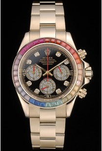 Rolex Daytona Cosmograph Rainbow Crystals Bezel Rose Gold Strap Black Dial 80251