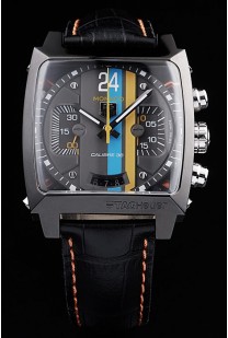 Tag Heuer Monaco Black Leather Strap Blue-Yellow Striped Black Dial