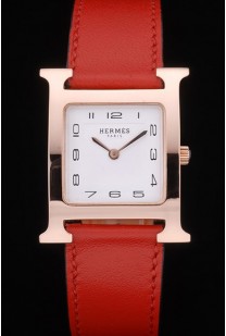 Hermes Heure H Rose Gold Bezel Red Leather Strap White Dial 80233