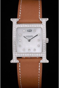 Hermes Heure H Stainless Steel Diamond Encrusted Bezel Tan Leather Strap White Dial 80232