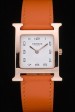 Hermes Heure H Rose Gold Bezel Orange Leather Strap White Dial 80234